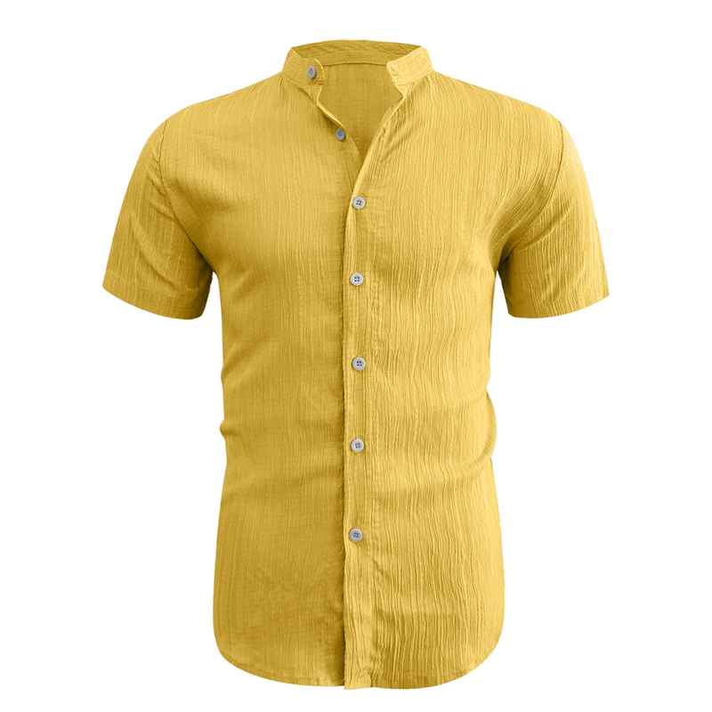 Men's casual textured shirt with stand collar displayed on a plain background