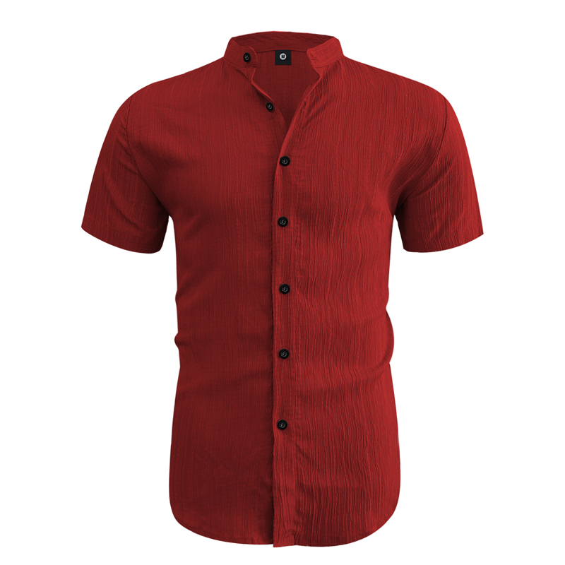 Front view of a men's textured shirt with stand collar and long sleeves