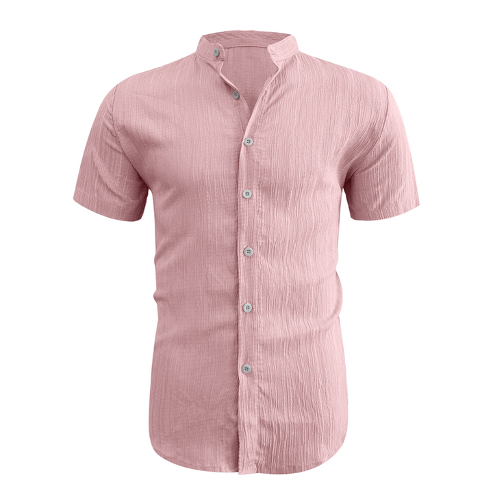 Men's holiday shirt styled open at the neck with a textured finish