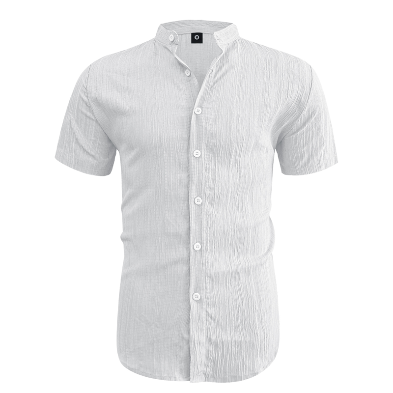 Men's textured stand collar shirt presented as versatile casual holiday wear