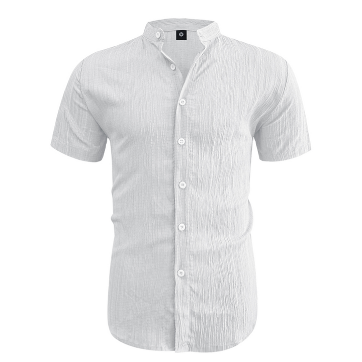 Men's textured stand collar shirt presented as versatile casual holiday wear