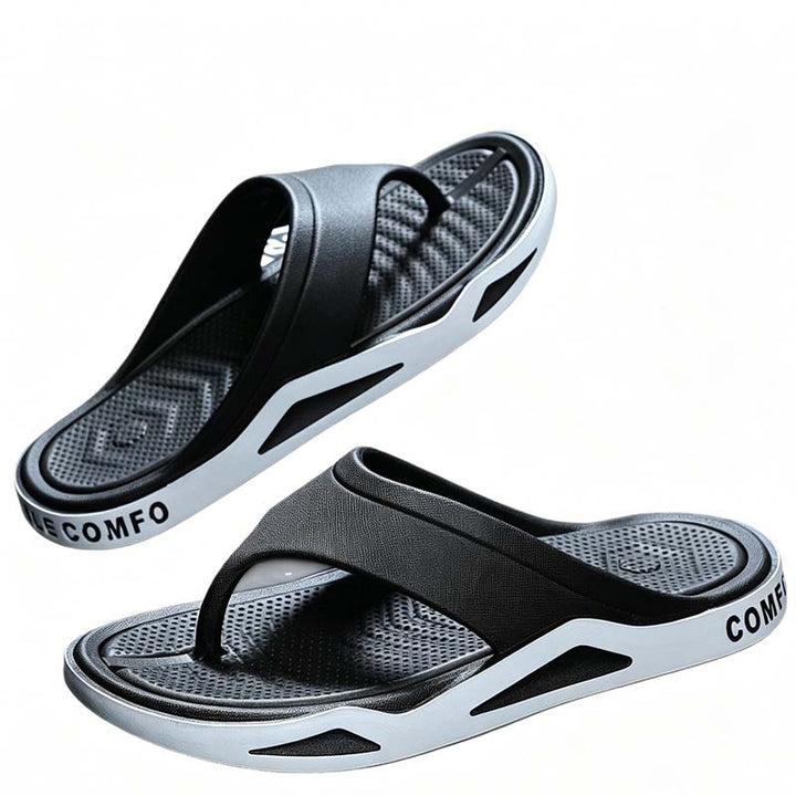 Top view of men's recovery sandals with open design and cushioned footbed