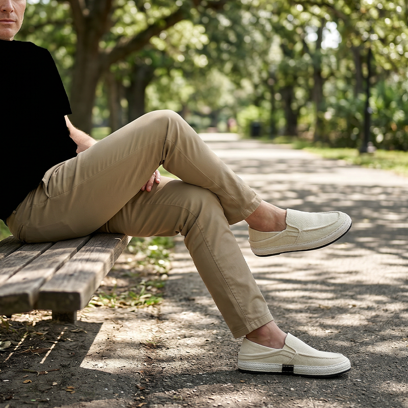 Close-up of men's canvas slip-on casual shoes in canvas