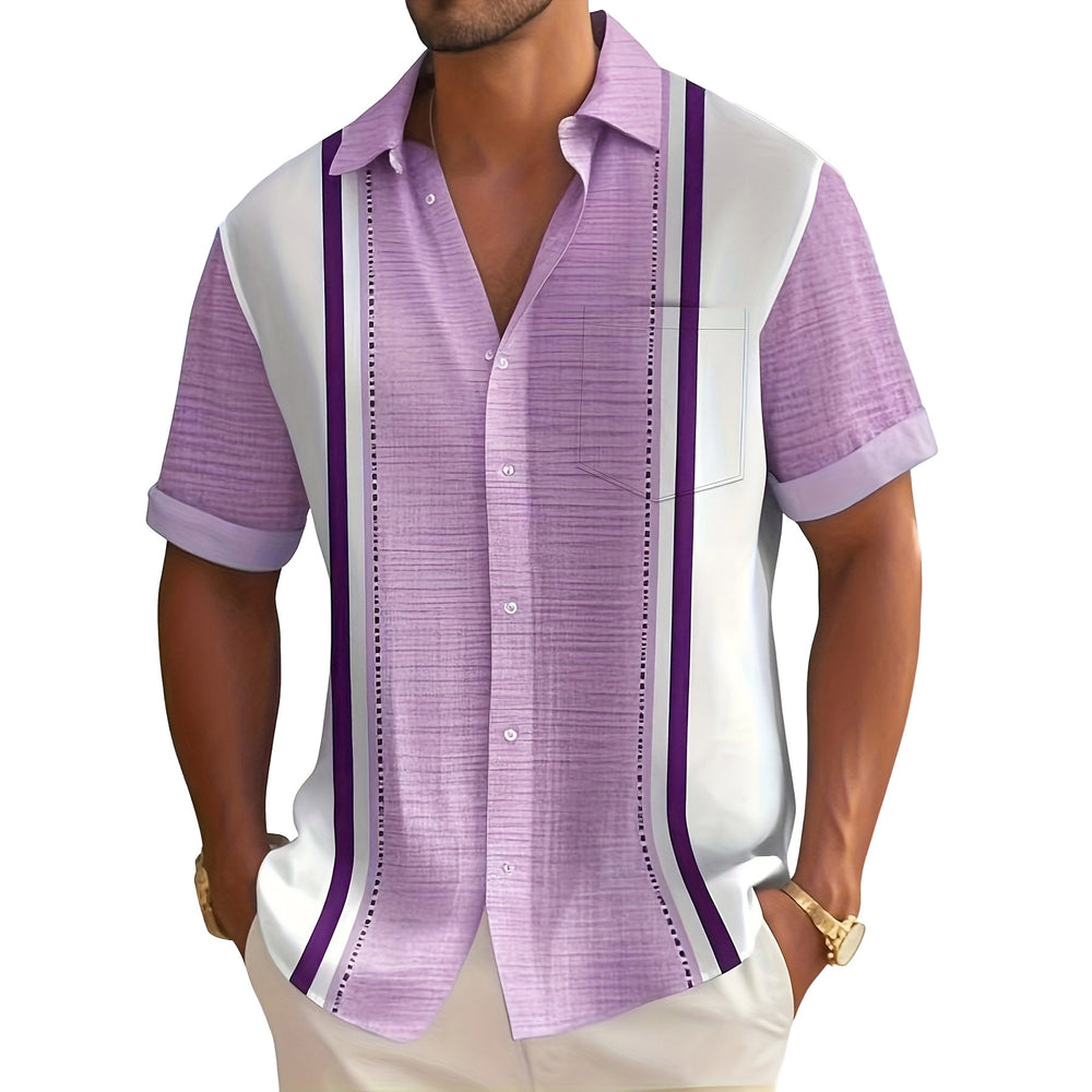 Textured striped men's resort shirt showing its casual short-sleeved design