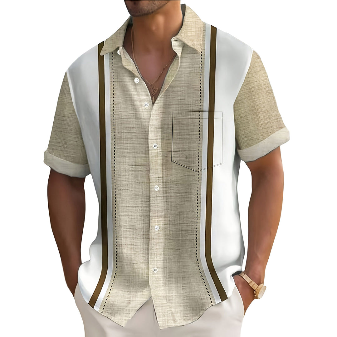 Close-up of the textured striped fabric on a men's resort shirt