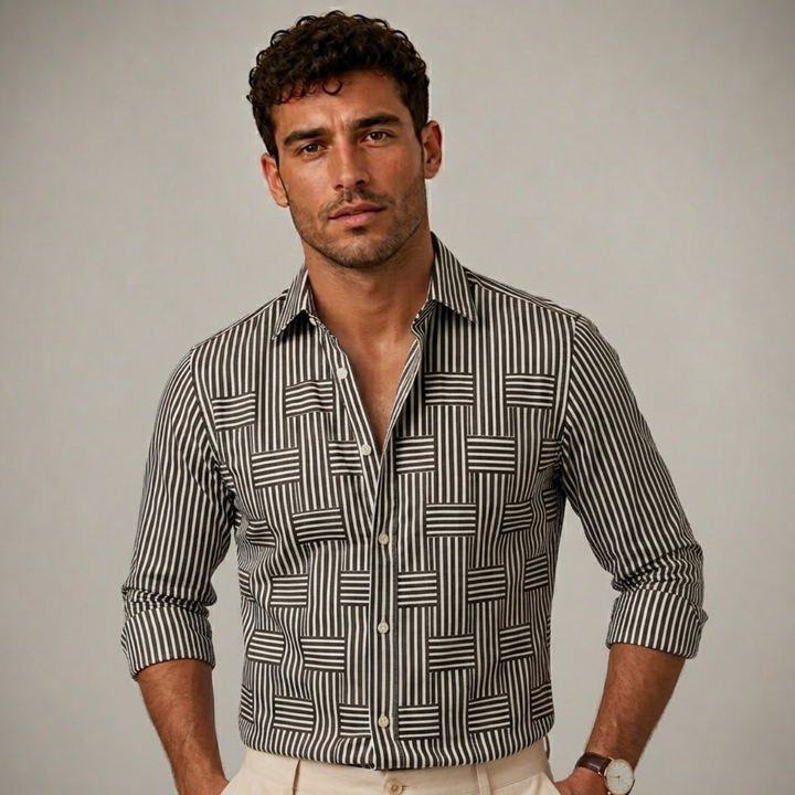 Men's striped long sleeve shirt laid flat showing full design