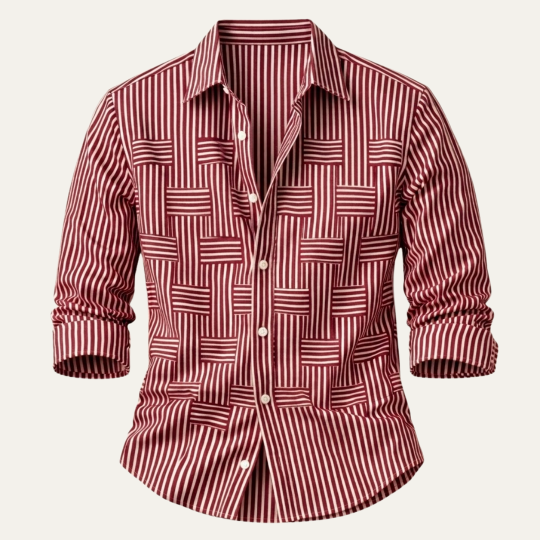 Close-up of the striped fabric and collar on the men's shirt