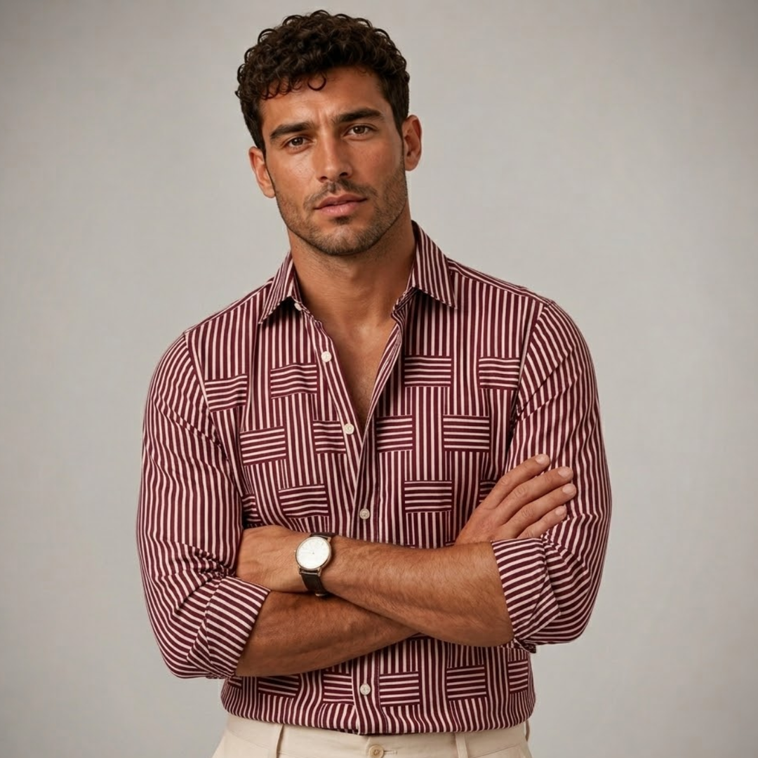 Men's smart casual striped shirt with long sleeves on a model