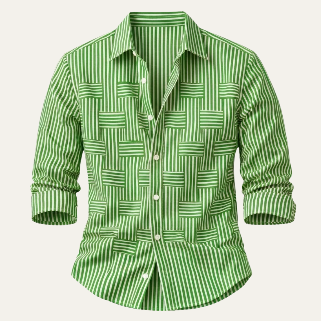 Men's striped button-up shirt styled for a smart casual look