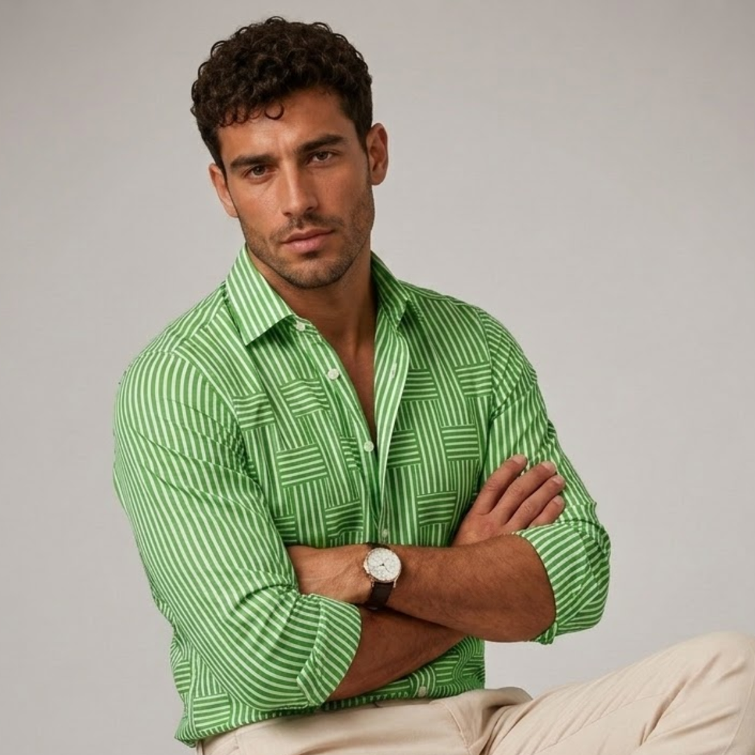 Front three-quarter view of the men's striped long sleeve shirt