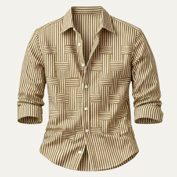 Back three-quarter view of the men's striped smart casual shirt