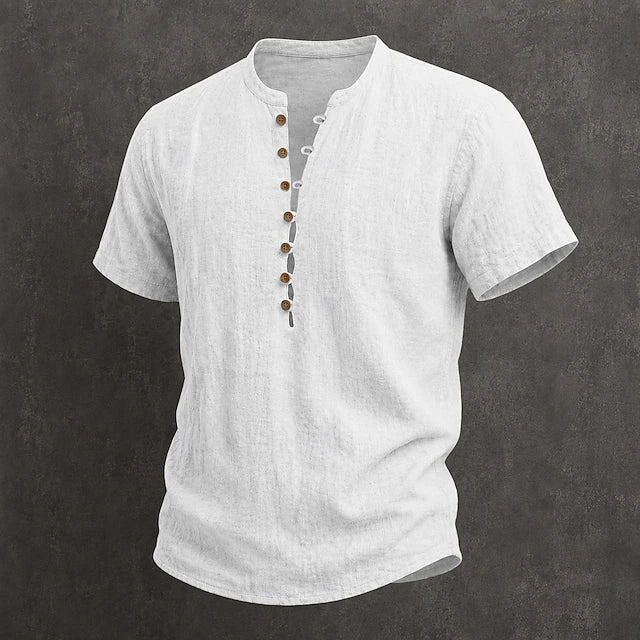 Side view of the men's short sleeve linen shirt with band collar