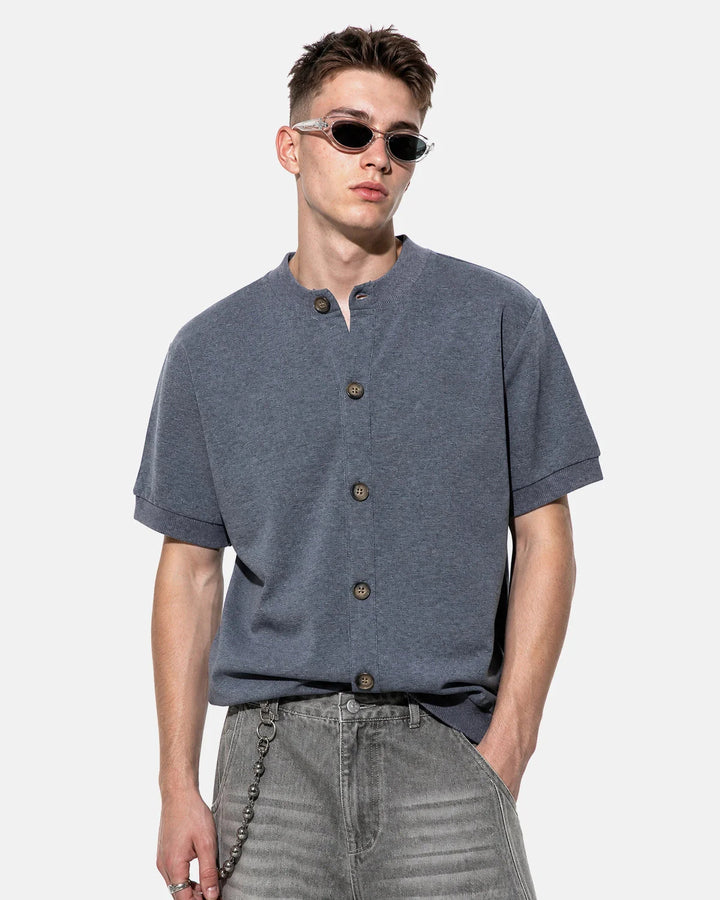 Men's short sleeve button cardigan shown from the front