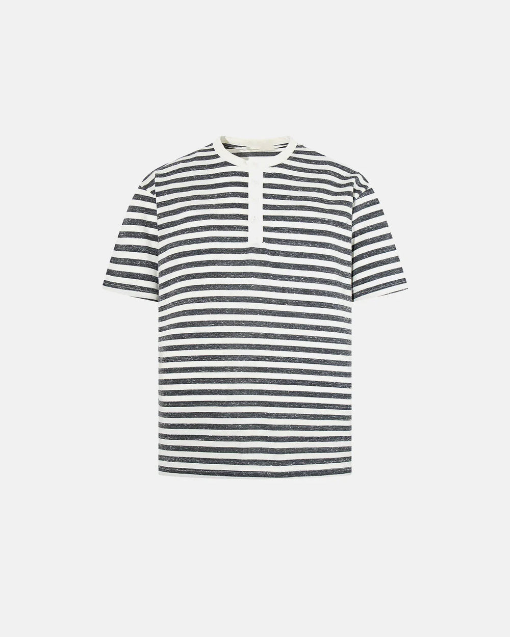 Men's relaxed fit striped Henley T-shirt shown from the back