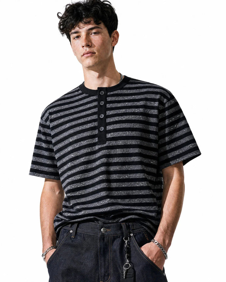 Men's casual striped Henley T-shirt styled for an everyday outfit