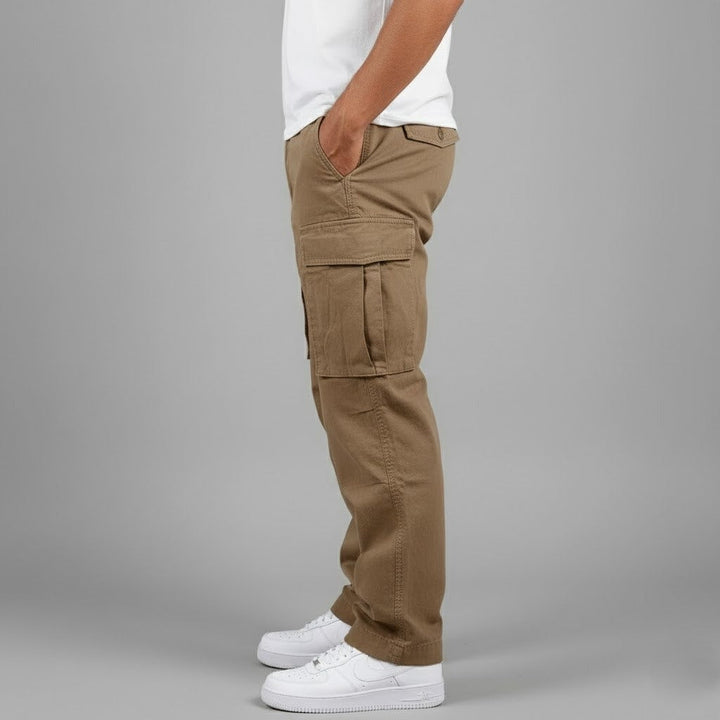 Side view of men's smart casual tapered cargo trousers