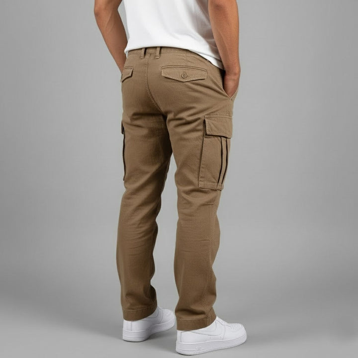 Close-up of cargo pocket on men's tapered trousers