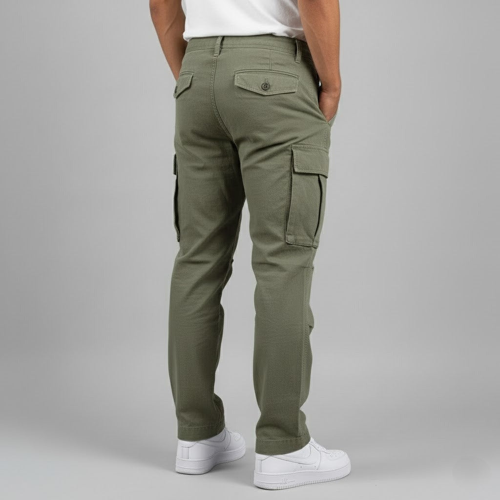 Waistband and fastening detail of men's smart casual cargo trousers