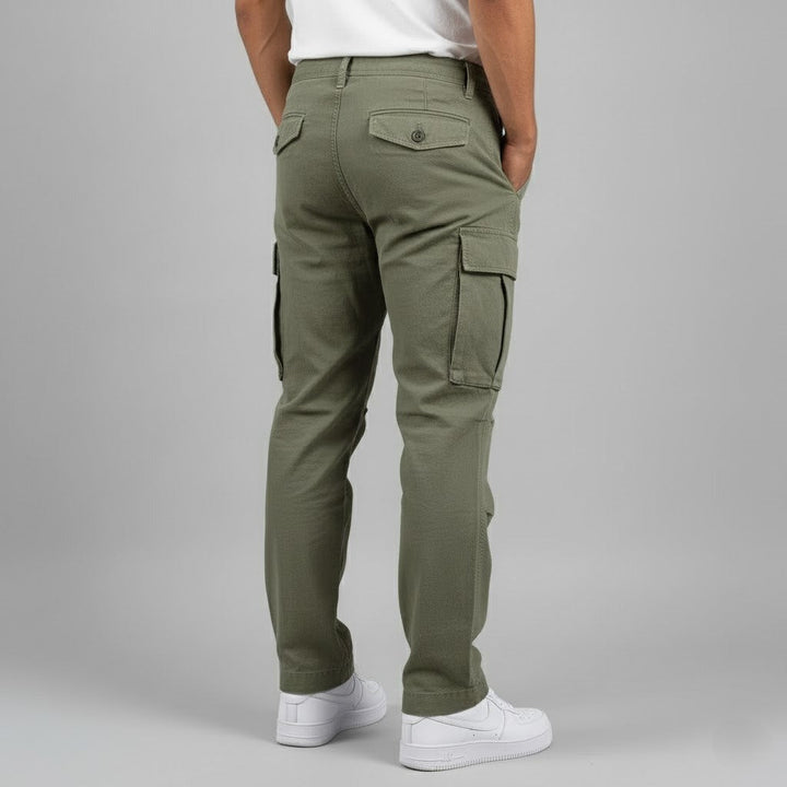Waistband and fastening detail of men's smart casual cargo trousers