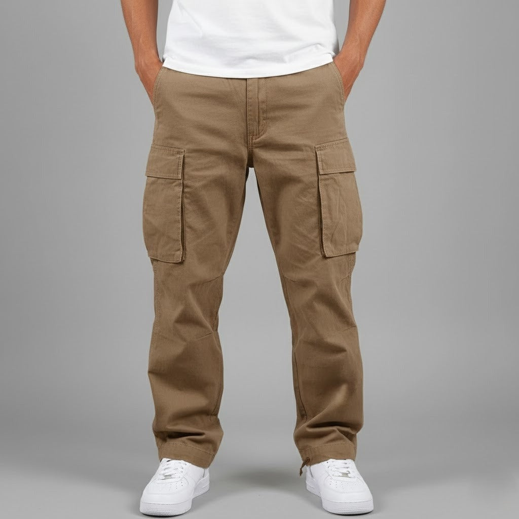 Men's tapered cargo trousers shown from the back