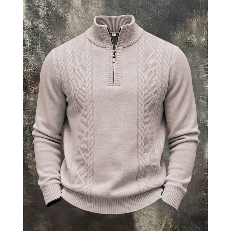 Close-up of the men's knitted jumper with a half-zip fastening and textured finish