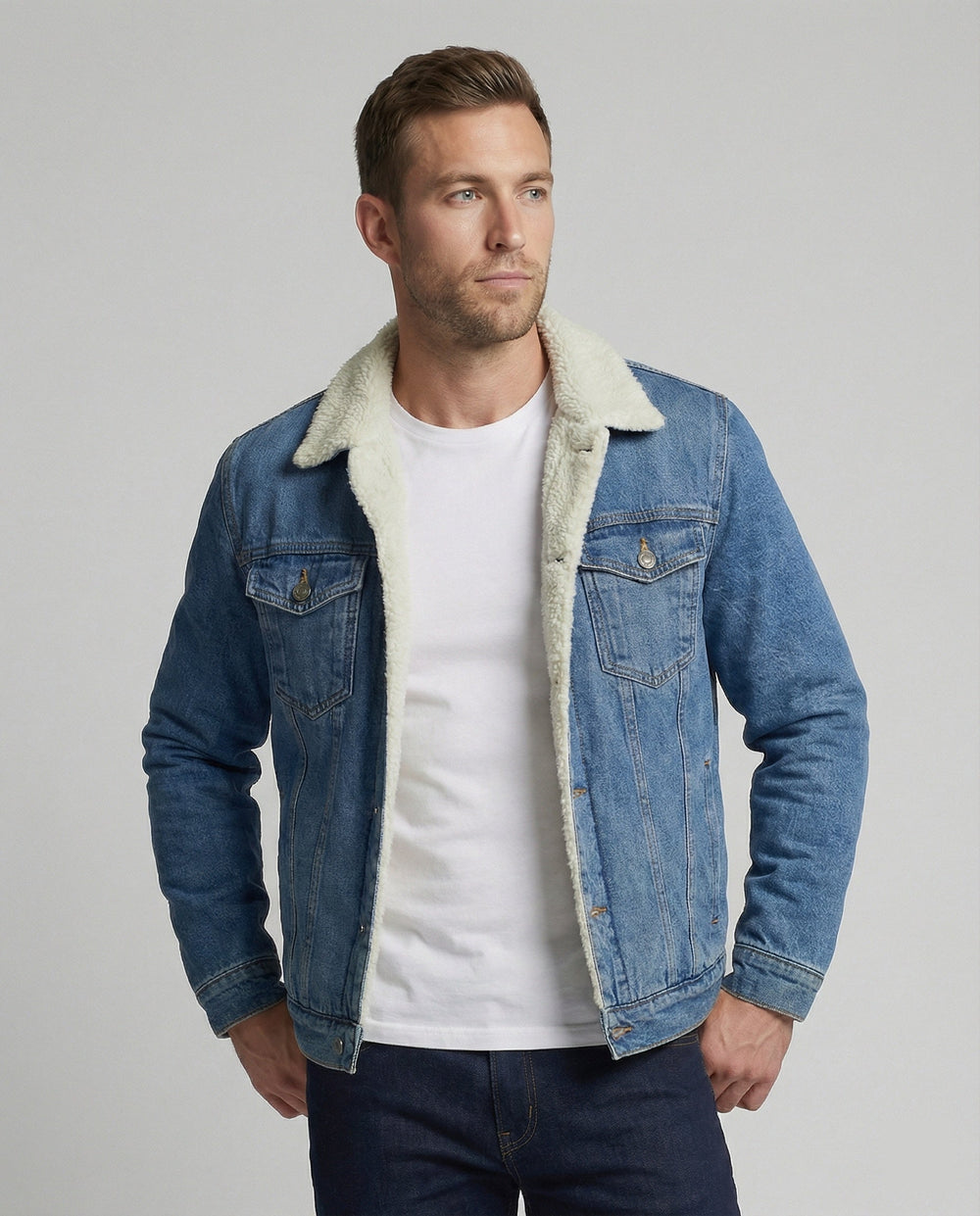 Classic-fit men's denim jacket displaying its lined interior