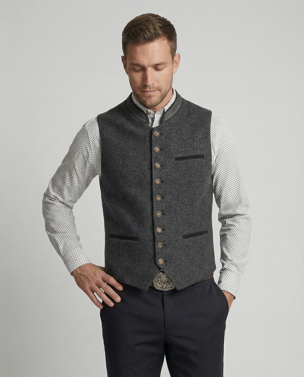 Men's stand collar gilet shown from the side