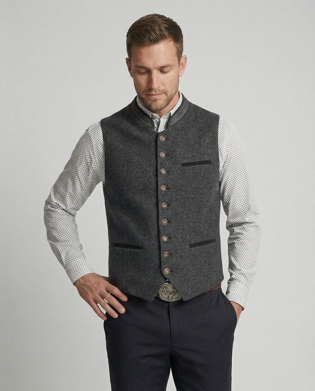 Men's stand collar gilet shown from the side