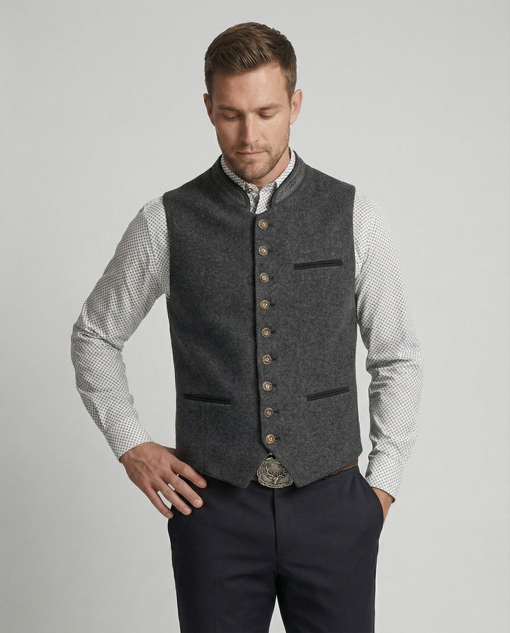 Men's stand collar gilet shown from the side