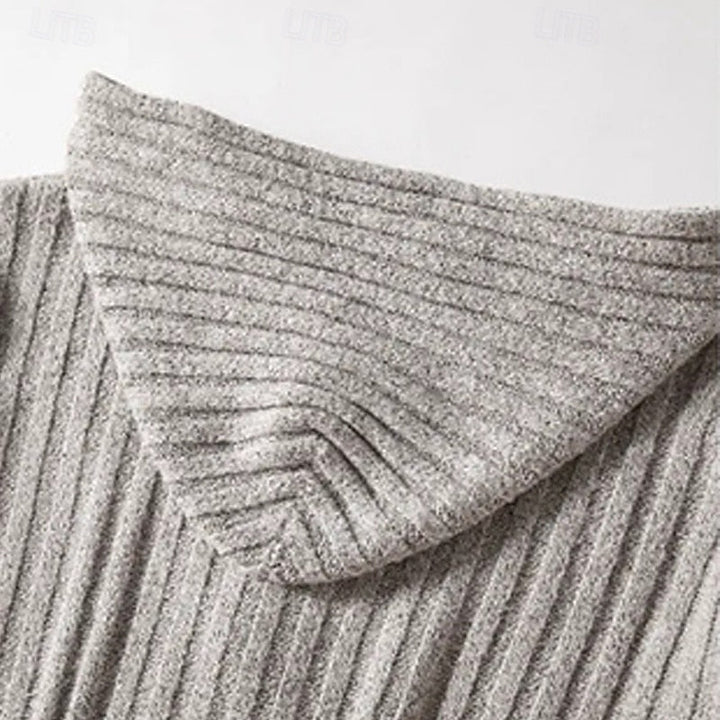 Side view of a men's hooded knitted cardigan