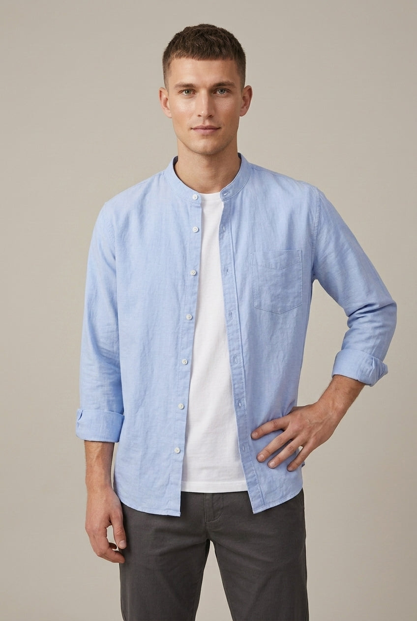 Side view of a men's linen blend shirt with a relaxed fit