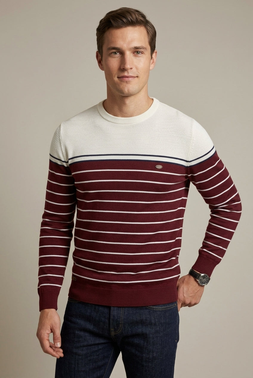 Men's striped jumper displayed to show its relaxed shape