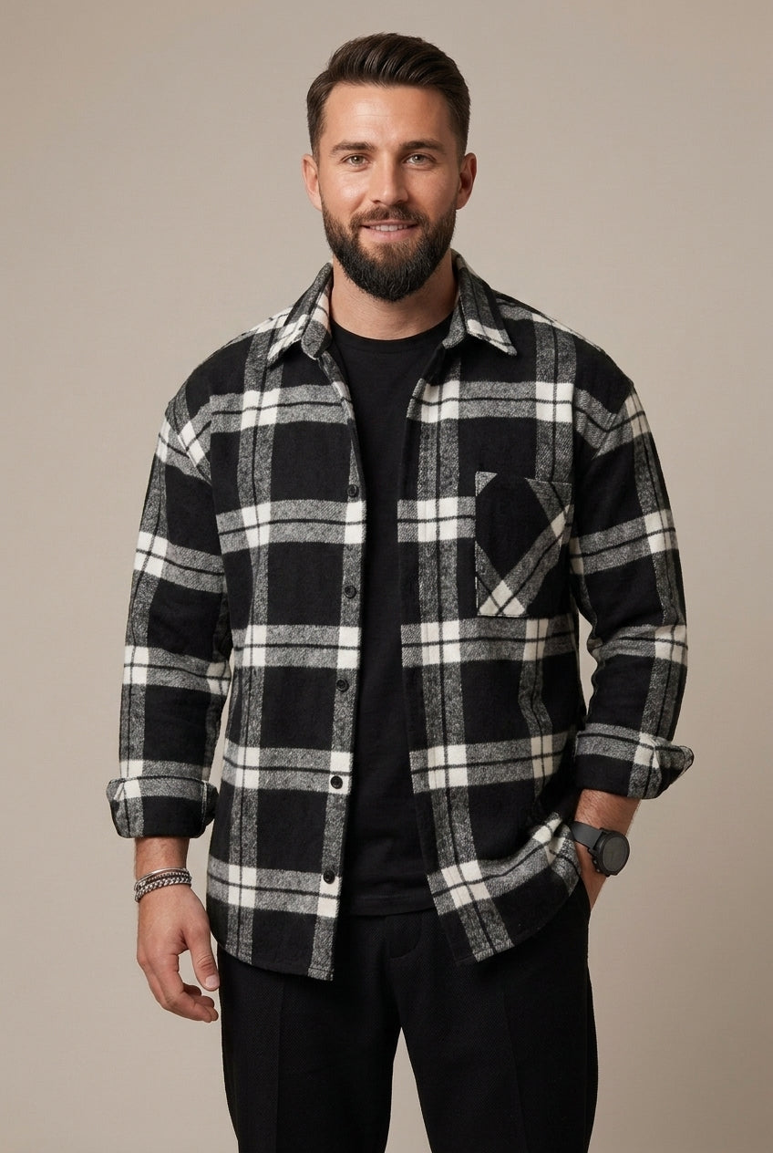 Men's checked overshirt shown from the back