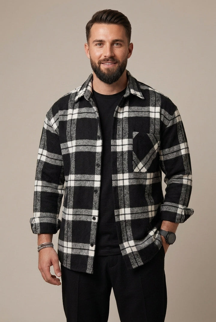 Men's checked overshirt shown from the back