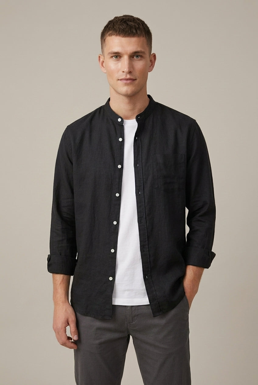 Close-up of the band collar on a men's linen blend shirt