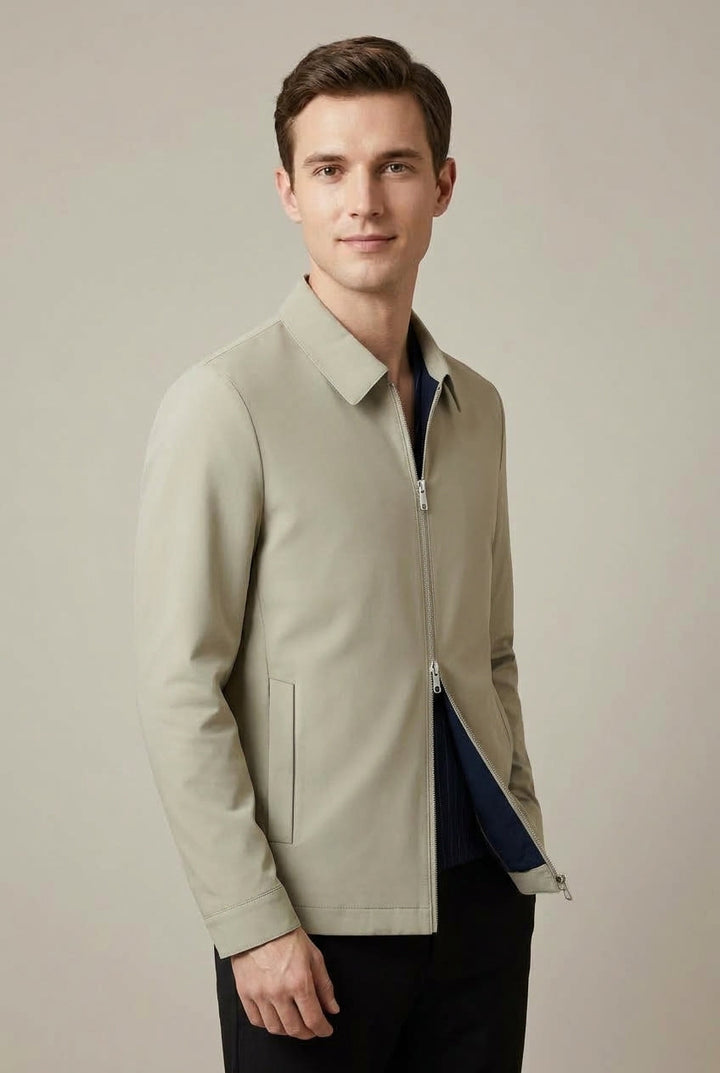 Rear view of the men's collared jacket showing the clean back design