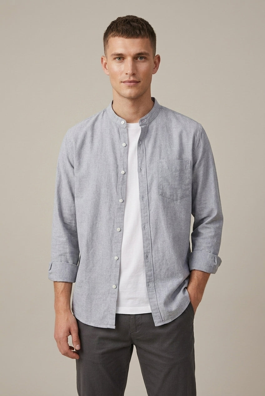 Long sleeves and button fastening on a men's band collar shirt