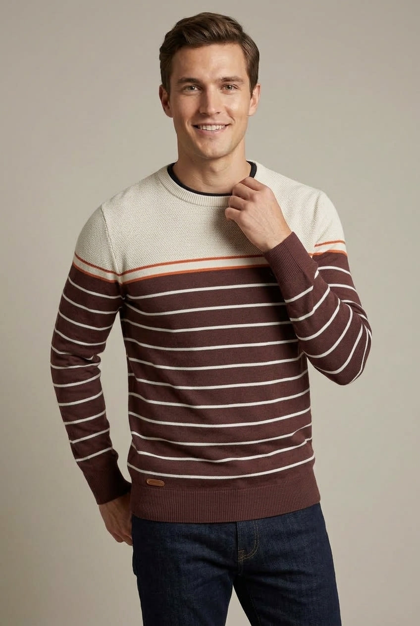 Side view of the men's crew neck striped jumper