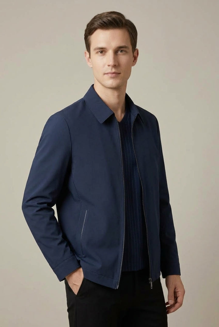 Side view of the men's zip-up jacket showing its structured shape