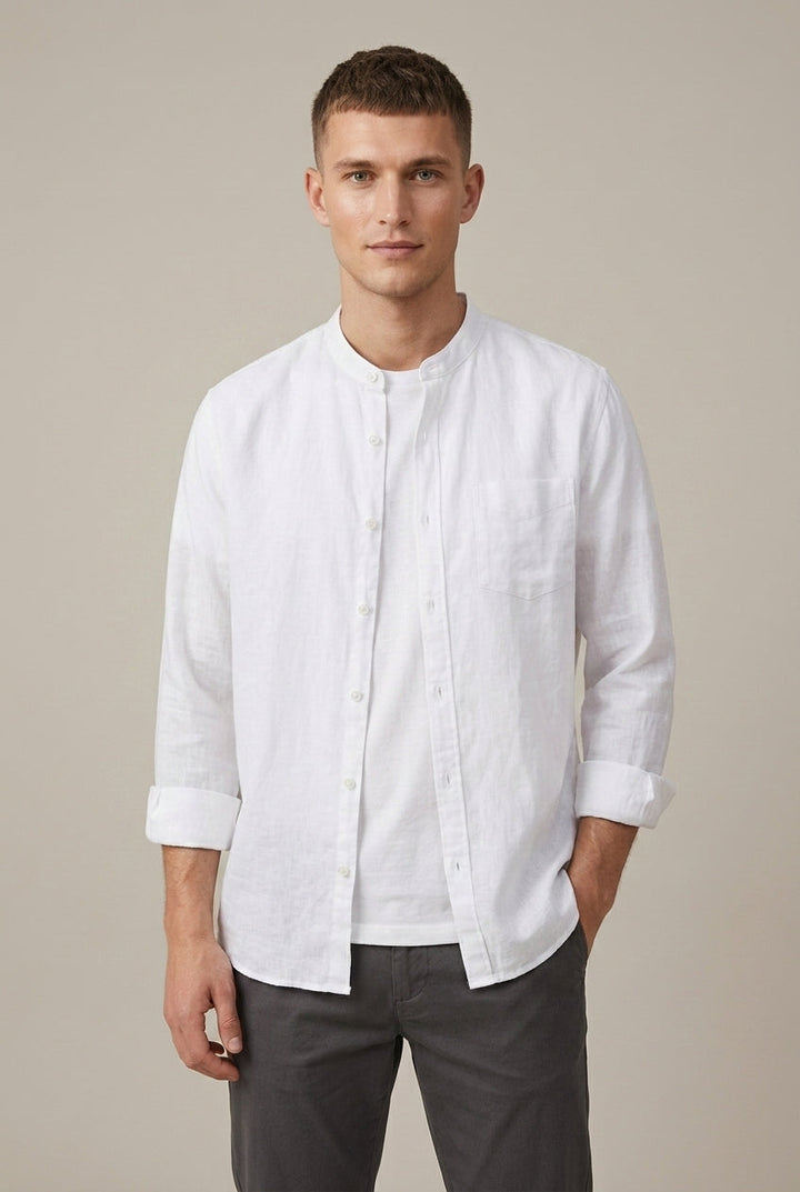 Men's Linen Blend Band Collar Shirt With Pocket