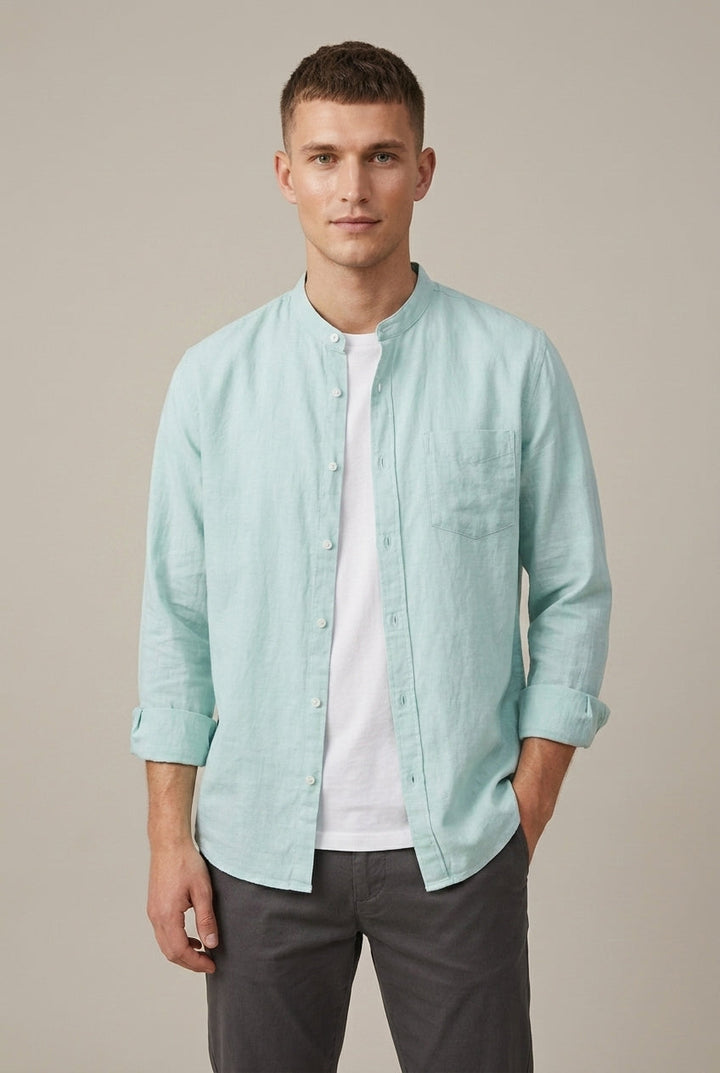 Chest pocket detail on a men's long sleeve linen blend shirt