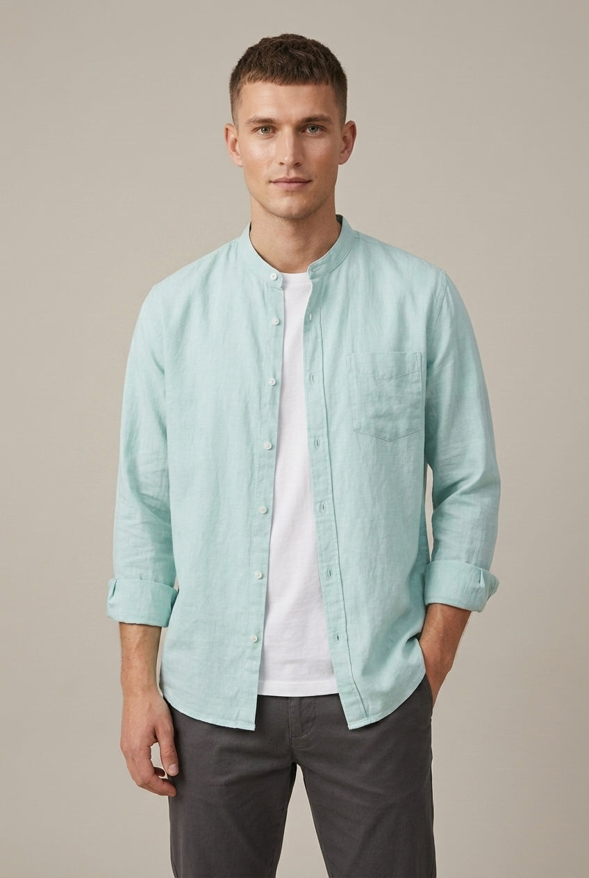 Men's Linen Blend Band Collar Shirt With Pocket