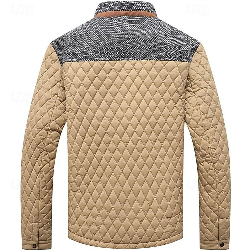 Close-up of the stand collar on a men's quilted jacket