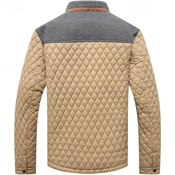 Close-up of the stand collar on a men's quilted jacket