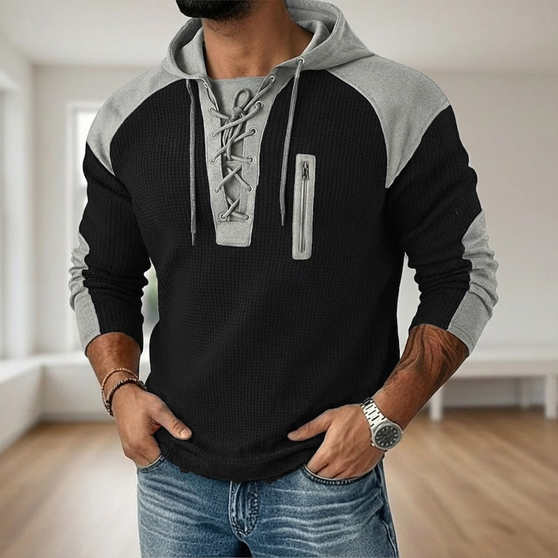 Men's Waffle Knit Lace-Up Hooded Jumper