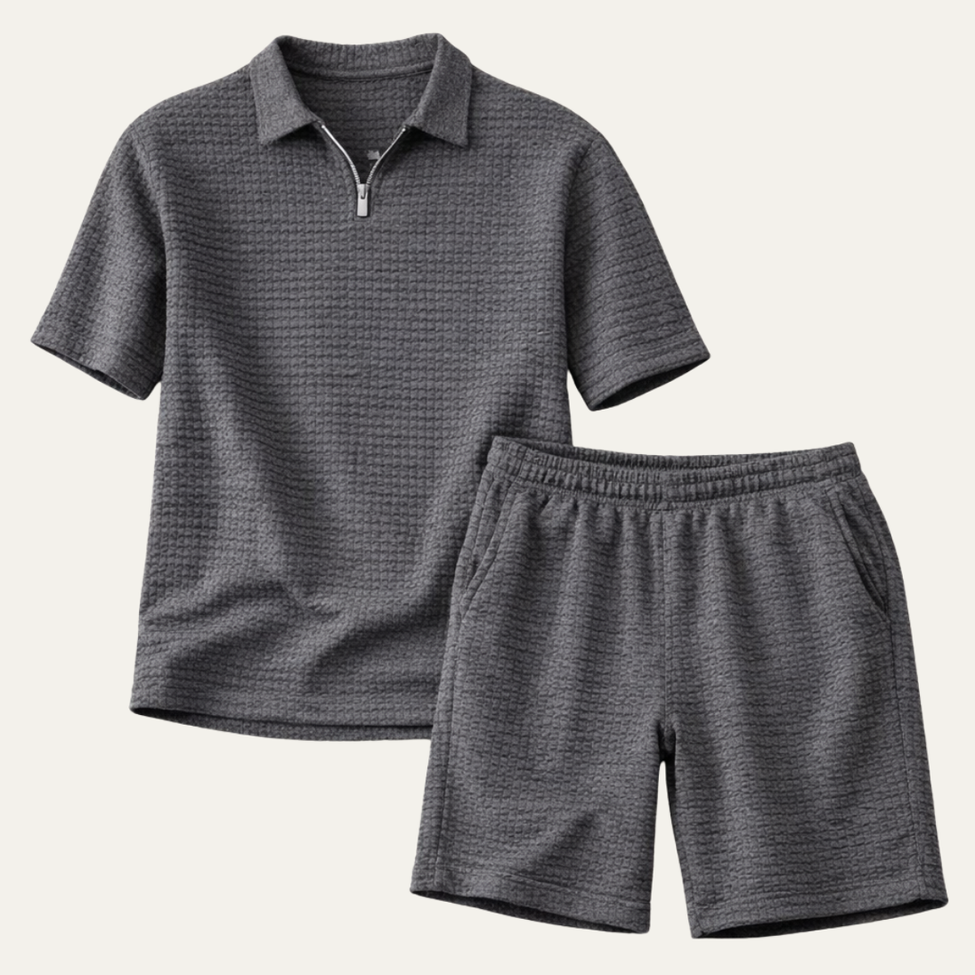 Men's summer co-ord with waffle knit polo and shorts, side view