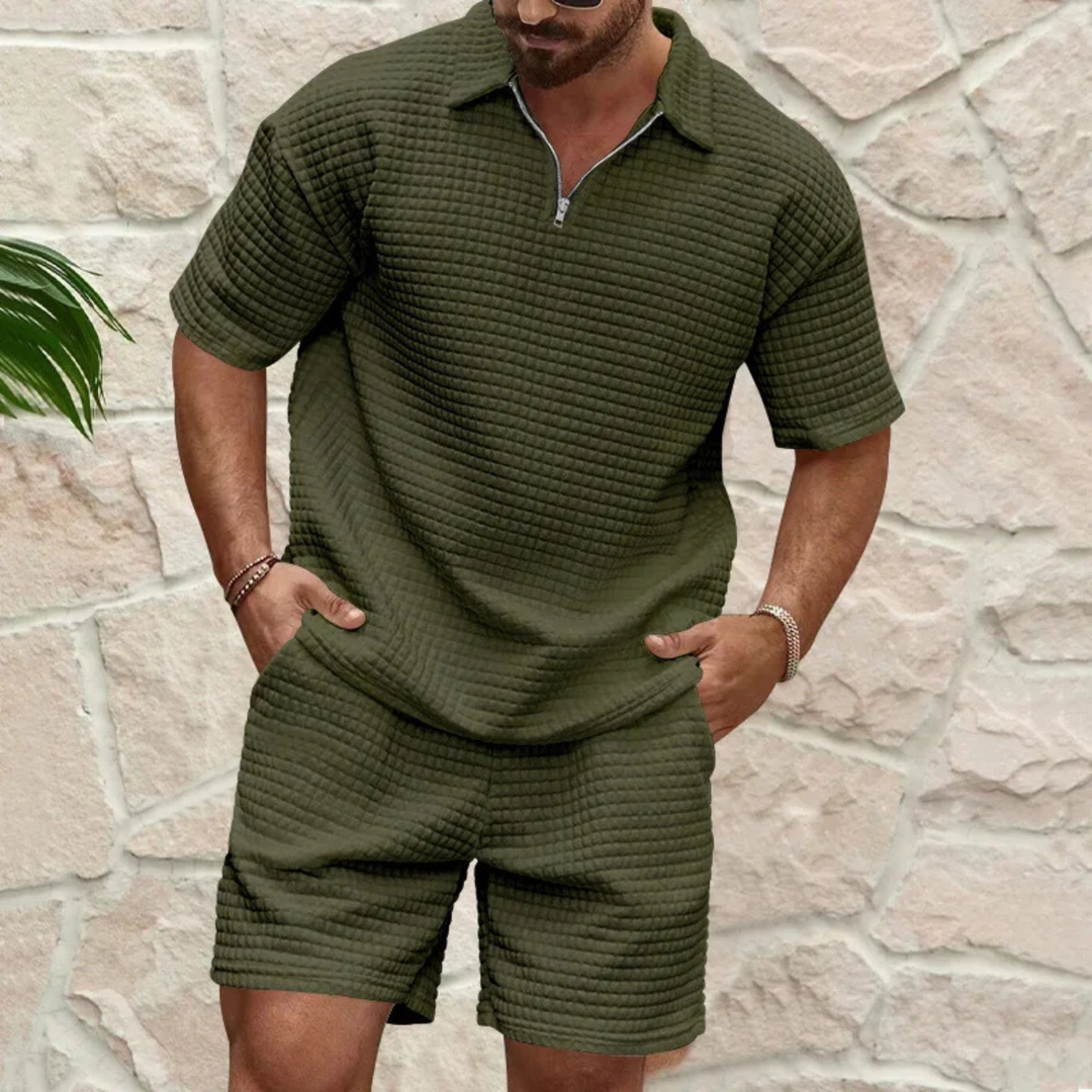 Men's Waffle Knit Polo And Shorts Set Relaxed Fit
