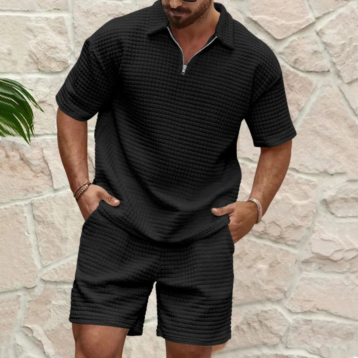 Men's Waffle Knit Polo And Shorts Set Relaxed Fit