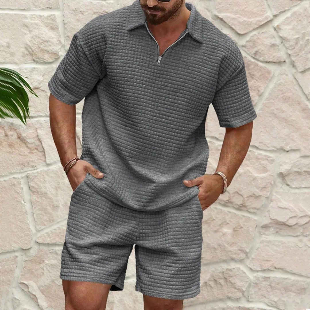 Men's waffle knit polo and shorts set in a relaxed fit, front view