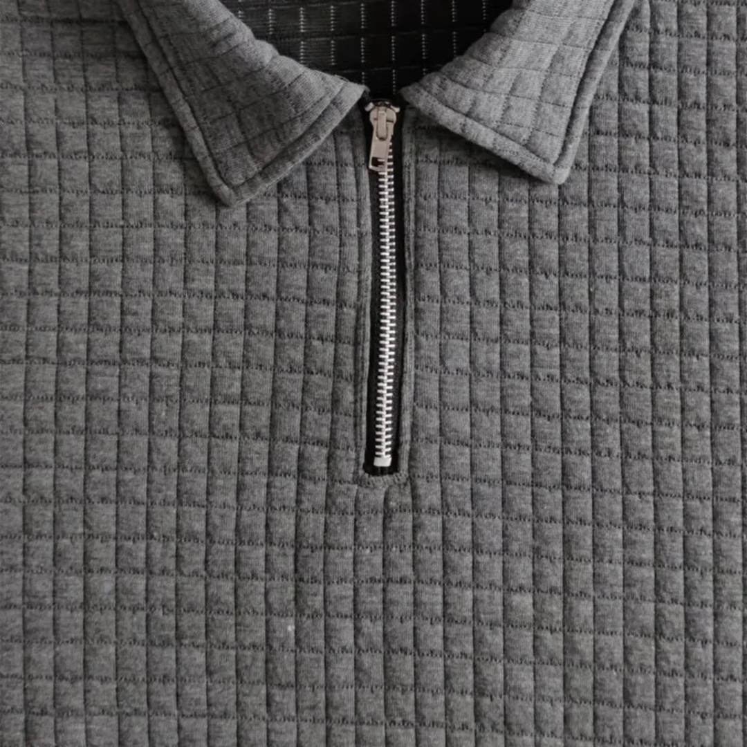 Close-up of men's waffle knit polo shirt fabric and collar detail